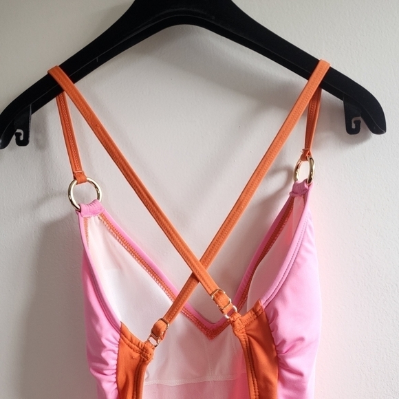 New Kate Spade NY Plunging V-Neck Colorblock Barbie Pink/Orange Swimsuit Small - Picture 11 of 17